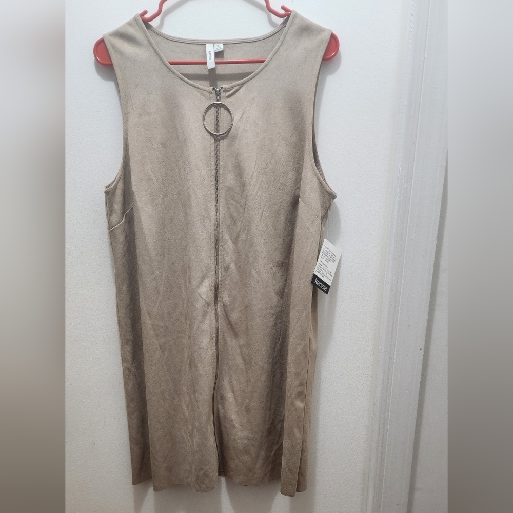 Kensie Women’s XL Sleeveless Faux Suede Zip Front Tunic Top Taupe Ring Pull Pre-